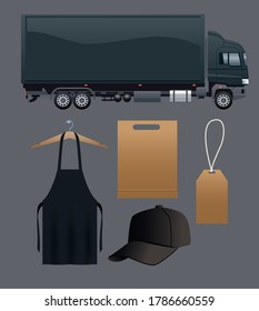 truck black and branding set products vector illustration design