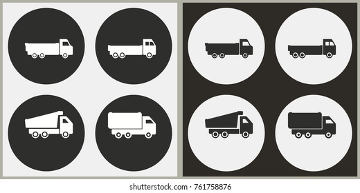 Truck - black and white vector icons. Round buttons for graphic and web design.