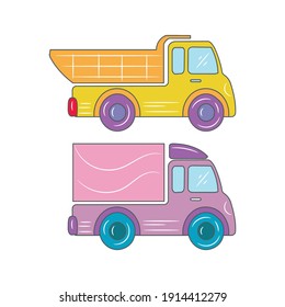 Truck and box car colored vector illustration. isolated with hand drawn style 