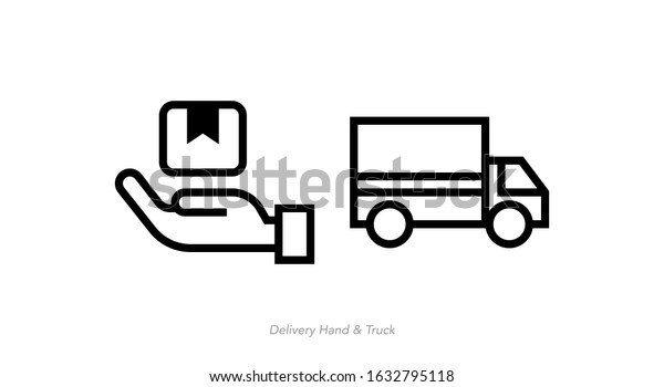 truck box car delivery and hand holding\
cardboard box package line icon - editable\
stroke