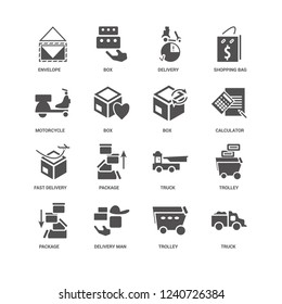 Truck, Box, Envelope, Trolley, Package, Trolley icon 16 set EPS 10 vector format. Icons optimized for both large and small resolutions.