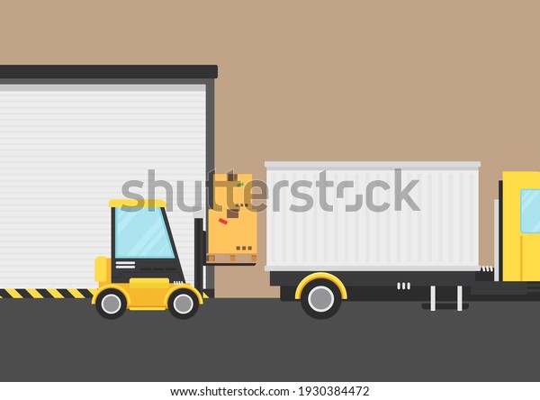 Truck box and Forklift vector.\
free space for text. Forklift cartoon vector. Warehouse\
door.