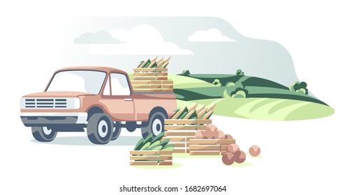 Truck with boxes of harvest vegetables on agriculture field white background isolated