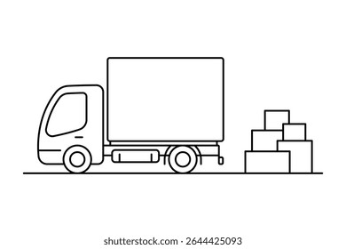 Truck and boxes icon. Black outline linear silhouette. Editable strokes. Side view. Vector simple flat graphic illustration. Isolated object on white background. Isolate.