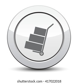 Truck with boxes icon.  Hand truck sign symbol. silver button.
