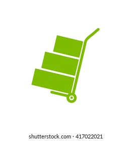 Truck with boxes icon.  Hand truck sign symbol. green button.