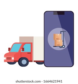truck boxes over cart and smartphone design, Delivery logistics transportation shipping service warehouse industry and global theme Vector illustration