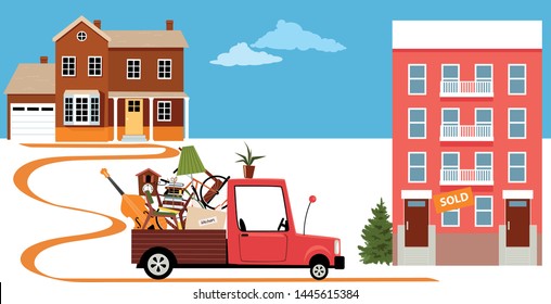 Truck bringing belongings from a family house to a condo building in a process of downsizing and relocation, EPS 8 vector illustration