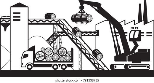 Truck brings wood to paper plant - vector illustration