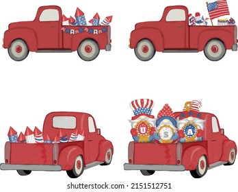 Truck Bundle with cute Gnomes independence day Digital painting watercolor