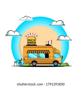 Truck burger with meal icons illustration. fast food icon concept isolated. flat cartoon style