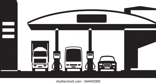 Truck, bus and car at gas station - vector illustration