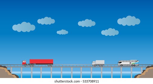 Truck and Bus on  Bridge with Nature  Landscape Background  vector Illustration