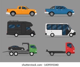 Truck, bus, pickup cars set, flat design, cartoon illustration auto icon, side view