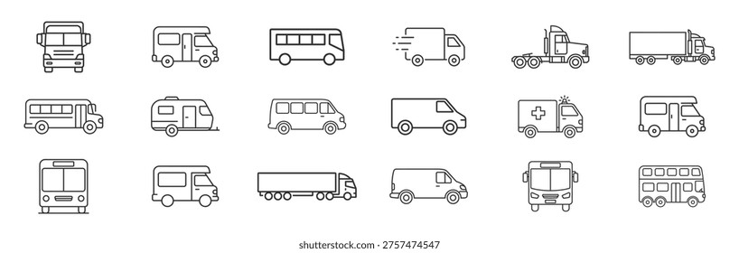 Truck, bus and van icon set, delivery cargo vehicle, camper, ambulance and trailer outline symbols isolated on transparent background