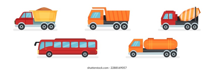 Truck and Bus as Wheeled Motor Vehicle Used for Transportation Vector Set