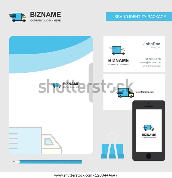 Truck Business Logo, File Cover\
Visiting Card and Mobile App Design. Vector\
Illustration