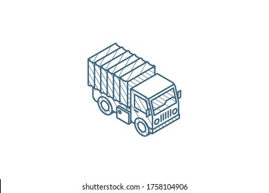 truck cab, van body, container isometric icon. 3d vector illustration. Isolated line art technical drawing. Editable stroke