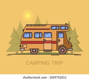 Truck camper at forest or recreational vehicle driving through wood, wildlife landscape with rv, campervan at national park, motorhome at travel or trip. Journey and expedition, transport and vacation