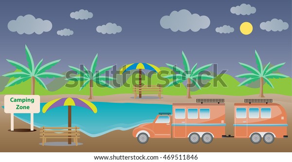 Truck and Camping Caravan car with Lake\
Landscape background Vector\
Illustration