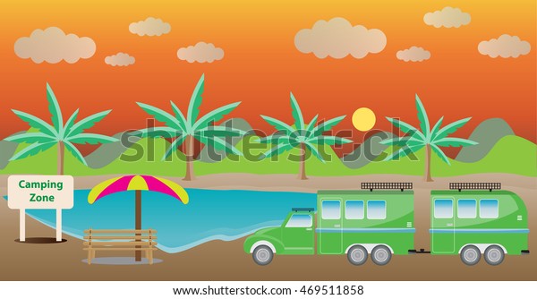 Truck and Camping Caravan car with Lake\
Landscape background Vector\
Illustration