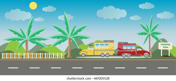 Truck and Camping Caravan car with Landscape background Vector Illustration