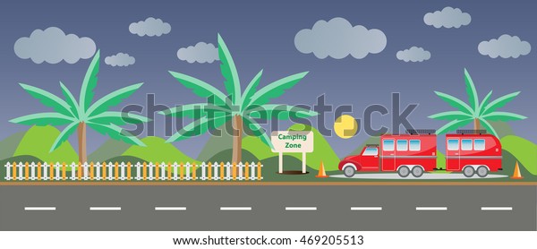 Truck and Camping Caravan car with Landscape\
background Vector\
Illustration