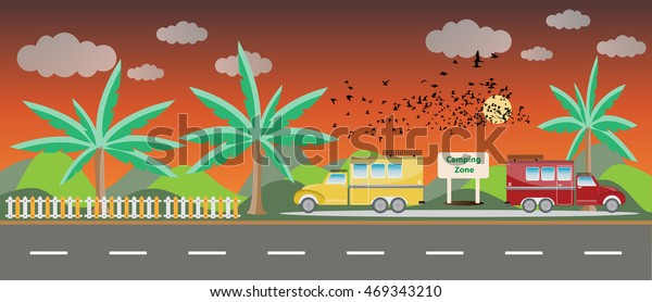 Truck and Camping Caravan car with Landscape\
background Vector\
Illustration