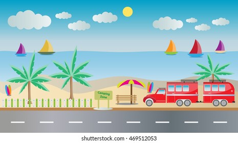 Truck and Camping Caravan car with Seascape background Vector Illustration