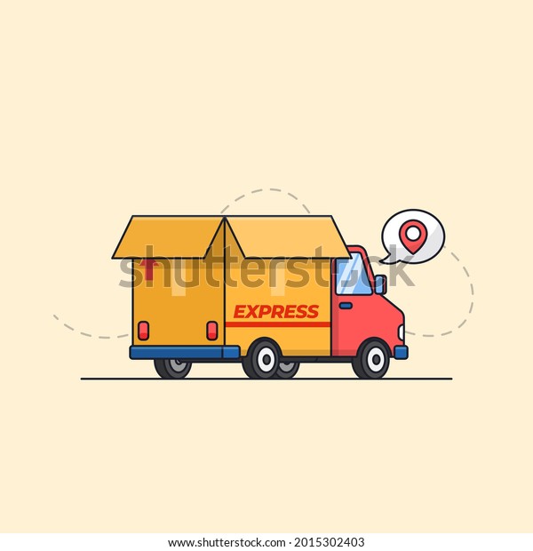 truck car with\
cardboard paper box for express shipping cargo delivery service\
transportation vector\
illustration