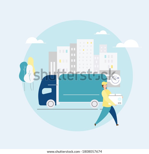 Truck, car, cargo shipping, container,\
logistics. Man delivering box. Fast delivery concept. Truck\
transportation icon. Shipping service, global transportation,\
delivery services. Vector\
illustration