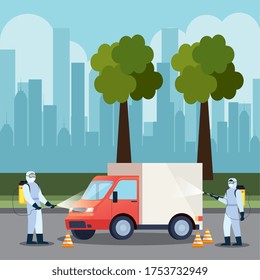 truck car disinfection service, prevention coronavirus covid 19, clean surfaces in car with a disinfectant spray, persons with biohazard suit vector illustration design