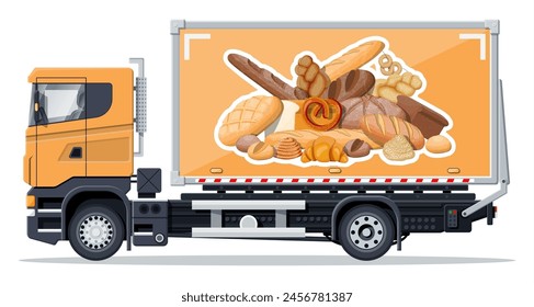 Truck car full of bread products. Shop and farm delivering service. Delivery and selling bread and grocery products concept. Loaf, baguette, rye. Cargo and logistic. Cartoon flat vector illustration