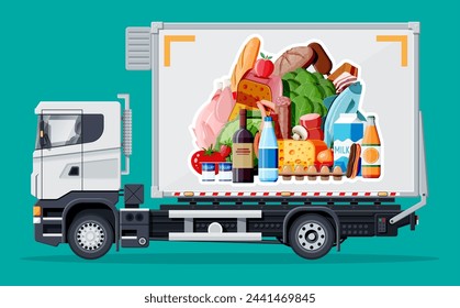 Truck car full of food products. Shop and farm delivering service. Delivery and selling grocery products concept. Meat, milk, bread, vegetables. Cargo and logistic. Cartoon flat vector illustration