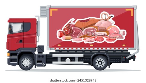 Truck car full of meat products. Shop and farm delivering service. Delivery and selling meat and grocery products concept. Sausage, chicken, steak. Cargo and logistic. Cartoon flat vector illustration