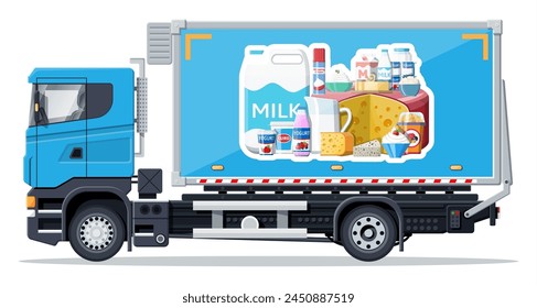 Truck car full of milk products. Shop and farm delivering service. Delivery and selling milk and cheese dairy products concept. Cargo and logistic. Cartoon flat vector illustration