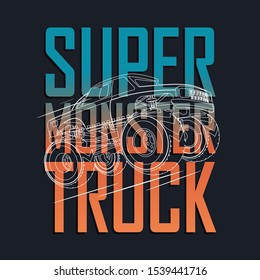 Truck car illustration, tee shirt graphics, vectors, suprt monster truck typography