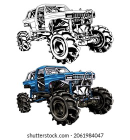 Vehículo de transporte aislado sobre fondo blanco.Auto de carreras. silueta abstracta. arte de la línea Monster Truck. ilustración vectorial.