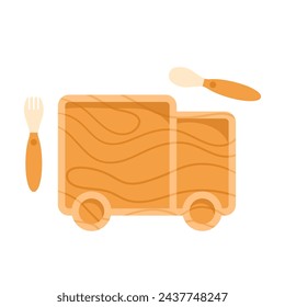 Truck, car kid tableware. Wooden plate, fork, spoon for child. Kids eco-friendly utensils. Baby nutrition and feeding lifestyle concept. Isolated vector illustration in cartoon style