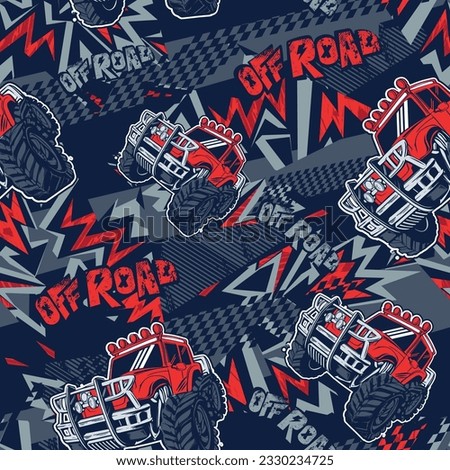 Truck car seamless pattern. Off road Automobile repeat print. Endless cars ornament. Vehicle illustration on grunge background with chequered flag, geometric ornament Cover auto wrapping paper