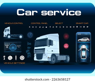 Lastwagendienst. Elektronische Automobil-Schnittstelle mit HUD-Elementen. Autonome Autovermietung. Großer LKW auf holografischem Hintergrund mit Parametern. LKW-Präsentation