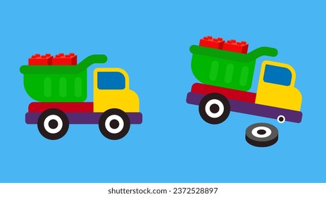 Truck and car with toys. Vector illustration in flat style.