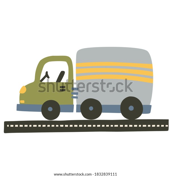 Truck\
car vector illustration for baby boy shirt and room designs. Cute\
big vehicle on a road travel poster. Kid auto\
card.