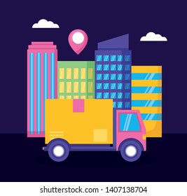 truck cardboard box destination city fast delivery vector illustration