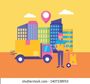 truck cardboard box destination city fast delivery vector illustration