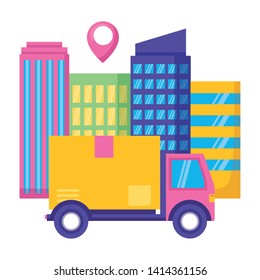 truck cardboard box destination city fast delivery vector illustration