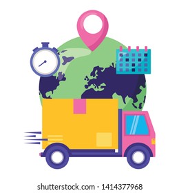 truck cardboard box destination clock calendar fast delivery vector illustration