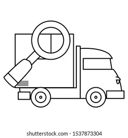 truck with cardboard box magnifier fast delivery vector illustration