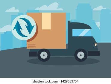 truck cardboard box magnifiying glass icon icon vectorillustrate