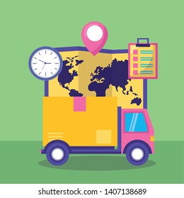 truck cardboard box map clock clipboard fast delivery vector illustration
